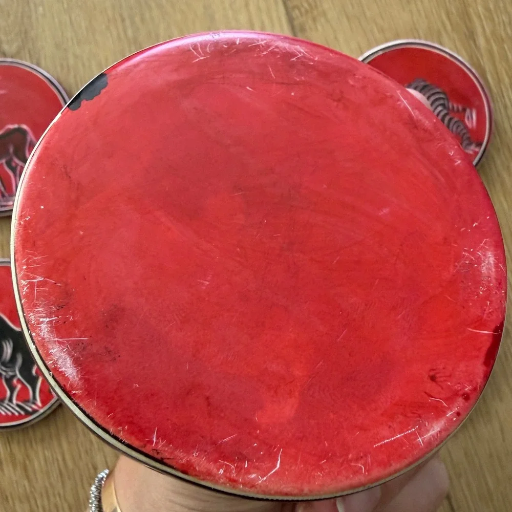 African Soapstone Coaster Set of 6 with Holder Red Black Etched Safari Animals